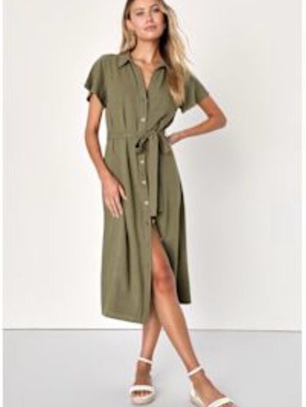 Lulu's Olive Button-Front Midi Shirt Dress with Tie Waist